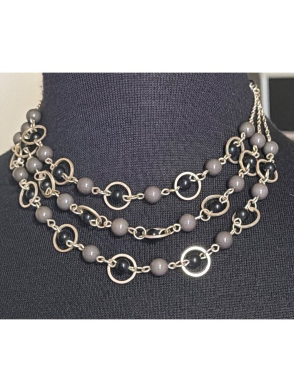 Multi-Strand Silver-tone Necklace w/Open Circle Links & Dark Gray/Black Beads